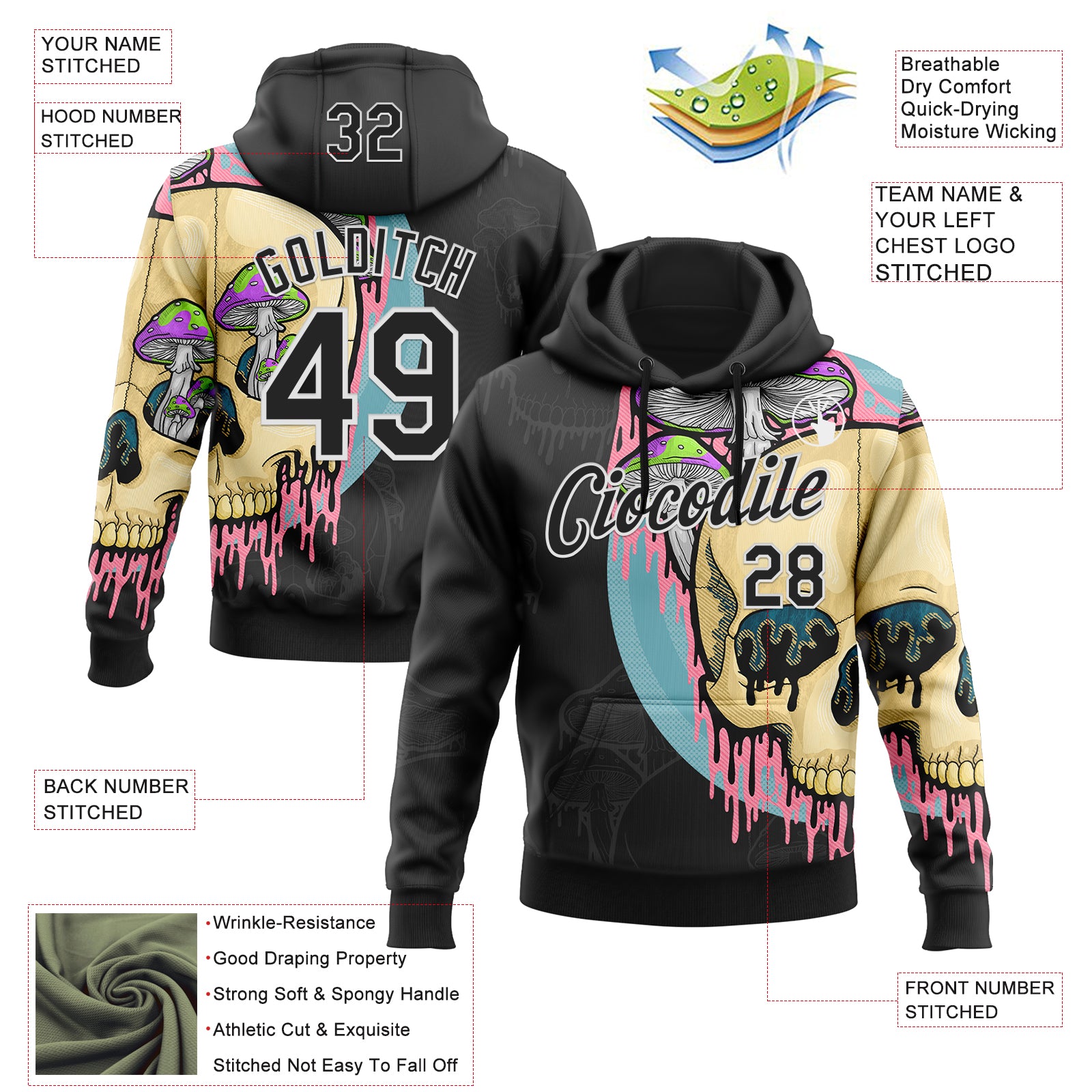 Custom Stitched Black Black-White 3D Illymakes Drippy Mushroom Skull Sports Pullover Sweatshirt Hoodie