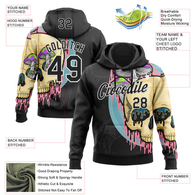 Custom Stitched Black Black-White 3D Illymakes Drippy Mushroom Skull Sports Pullover Sweatshirt Hoodie