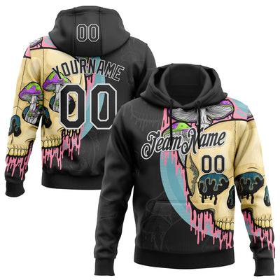 Custom Stitched Black Black-White 3D Illymakes Drippy Mushroom Skull Sports Pullover Sweatshirt Hoodie