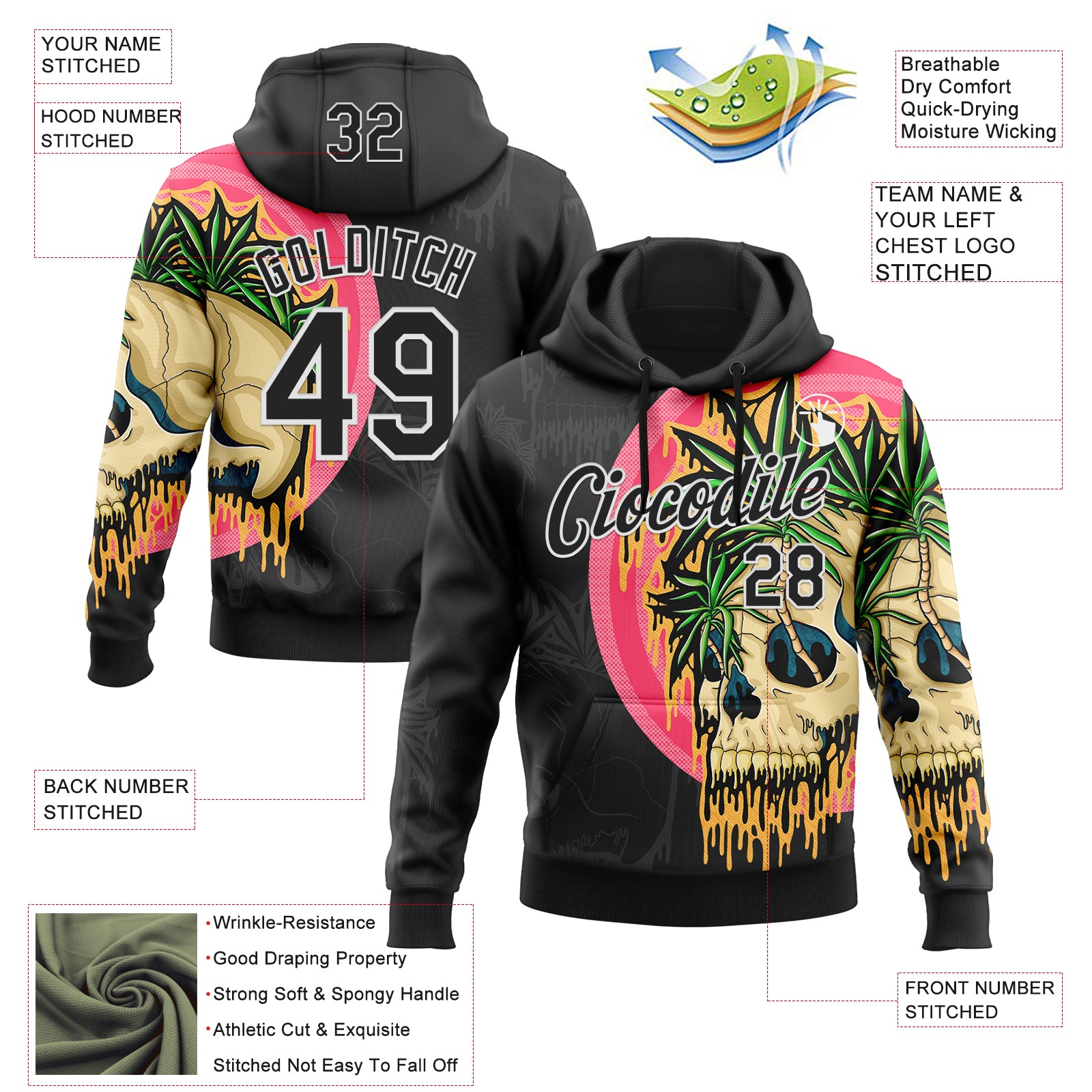 Custom Stitched Black Black-White 3D Illymakes Drippy Tropical Skull Sports Pullover Sweatshirt Hoodie