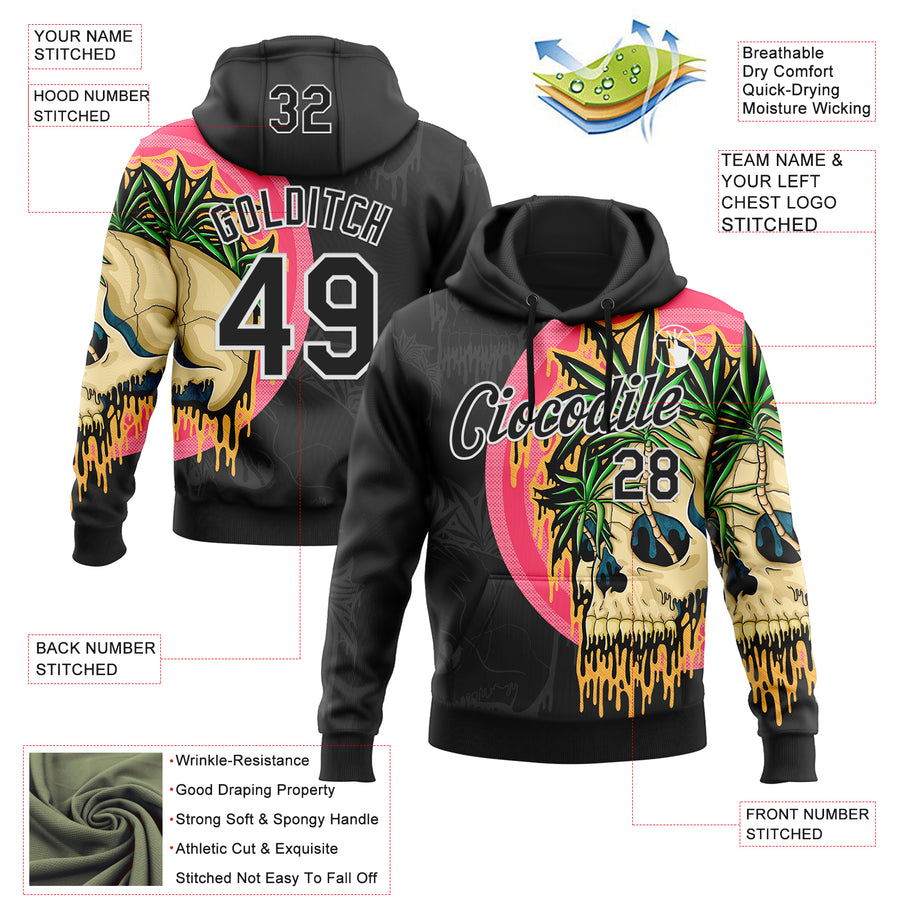 Custom Stitched Black Black-White 3D Illymakes Drippy Tropical Skull Sports Pullover Sweatshirt Hoodie