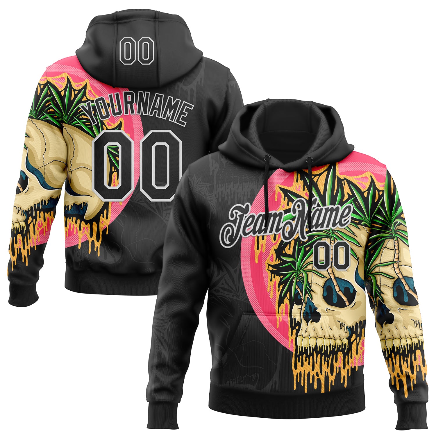 Custom Stitched Black Black-White 3D Illymakes Drippy Tropical Skull Sports Pullover Sweatshirt Hoodie