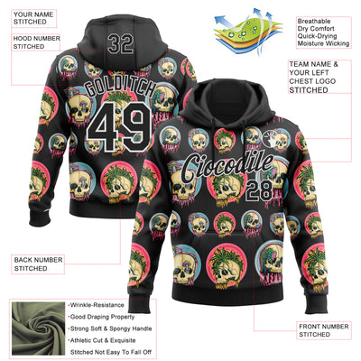 Custom Stitched Black Black-White 3D Illymakes Drippy Skull Sports Pullover Sweatshirt Hoodie