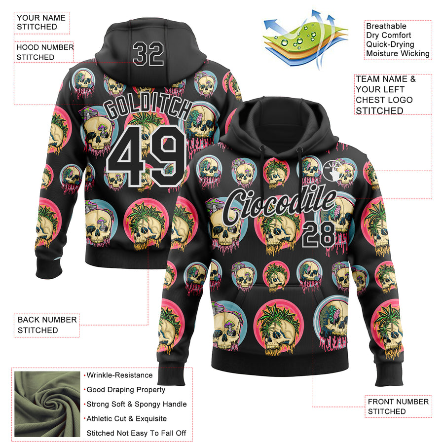 Custom Stitched Black Black-White 3D Illymakes Drippy Skull Sports Pullover Sweatshirt Hoodie