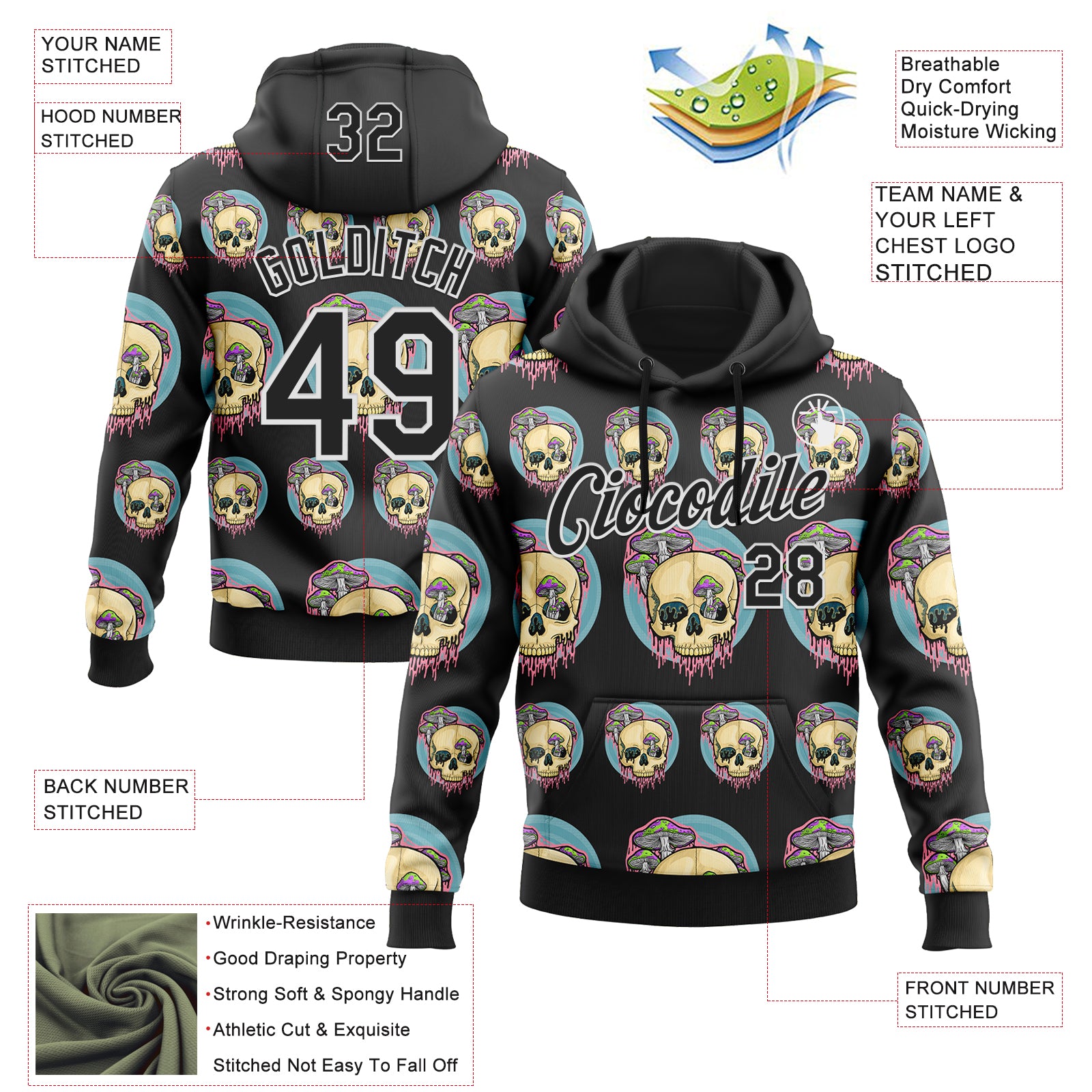 Custom Stitched Black Black-White 3D Illymakes Drippy Mushroom Skull Sports Pullover Sweatshirt Hoodie