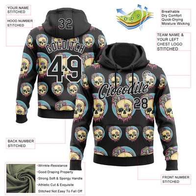 Custom Stitched Black Black-White 3D Illymakes Drippy Mushroom Skull Sports Pullover Sweatshirt Hoodie