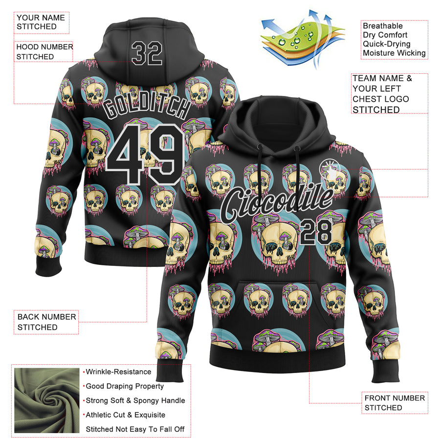 Custom Stitched Black Black-White 3D Illymakes Drippy Mushroom Skull Sports Pullover Sweatshirt Hoodie