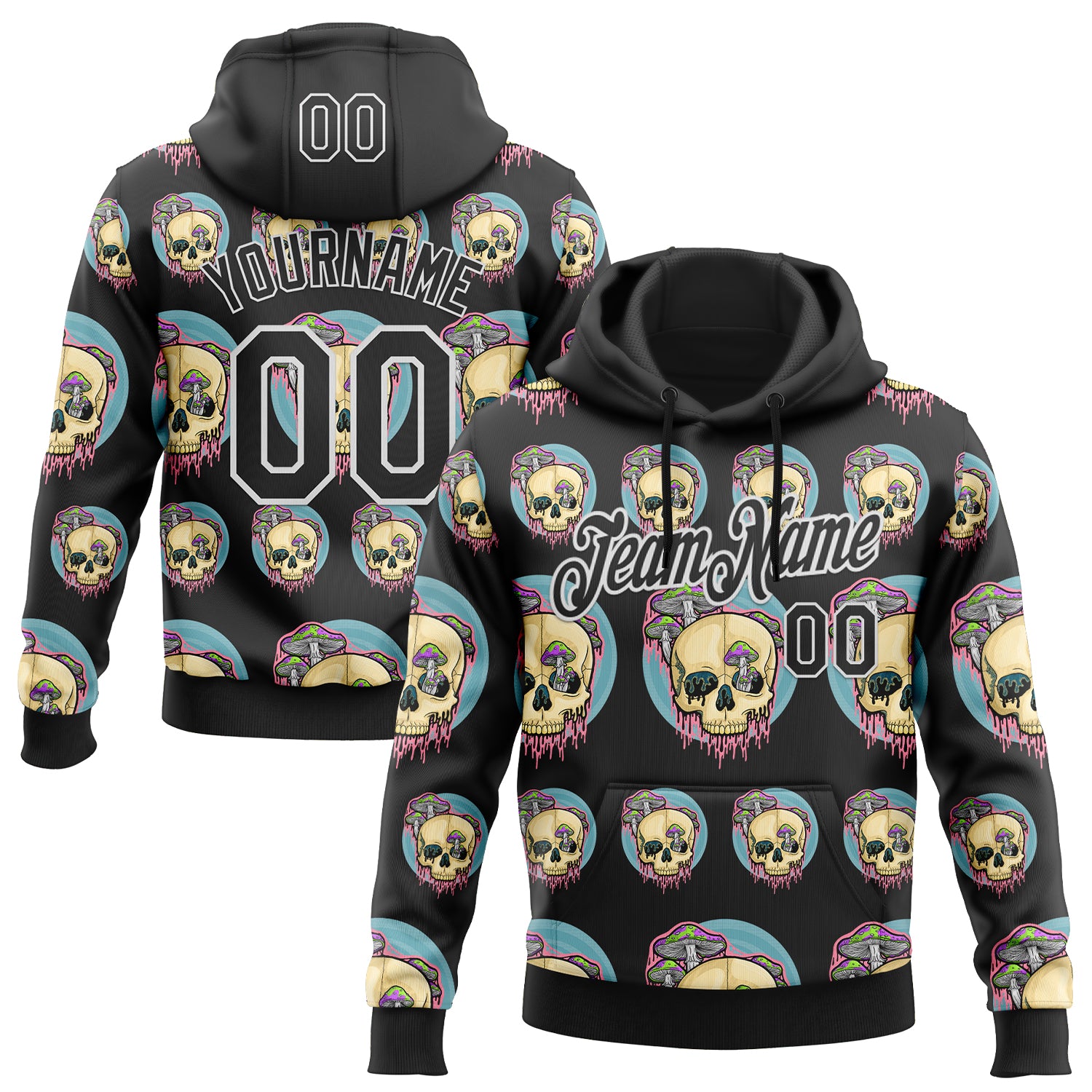 Custom Stitched Black Black-White 3D Illymakes Drippy Mushroom Skull Sports Pullover Sweatshirt Hoodie