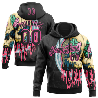 Custom Stitched Black Black-Pink 3D Illymakes Drippy Succulent Skull Sports Pullover Sweatshirt Hoodie