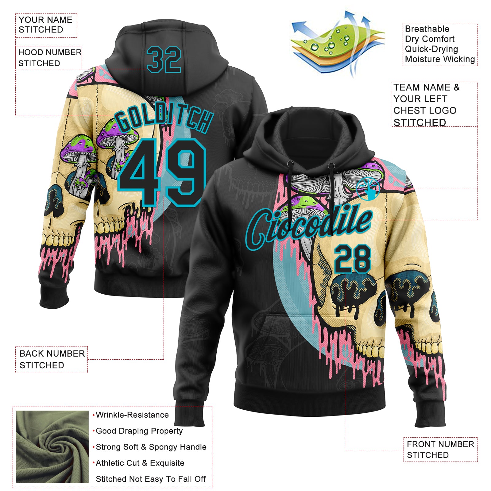 Custom Stitched Black Black-Lakes Blue 3D Illymakes Drippy Mushroom Skull Sports Pullover Sweatshirt Hoodie