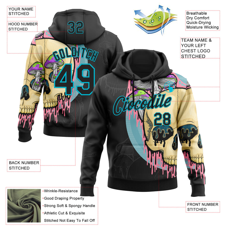 Custom Stitched Black Black-Lakes Blue 3D Illymakes Drippy Mushroom Skull Sports Pullover Sweatshirt Hoodie