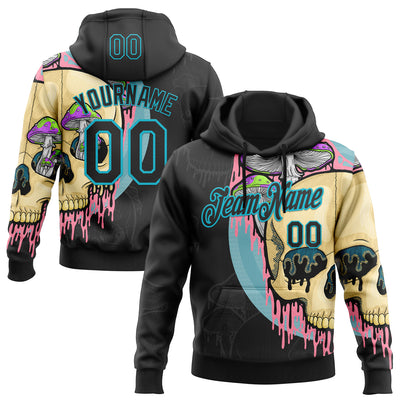 Custom Stitched Black Black-Lakes Blue 3D Illymakes Drippy Mushroom Skull Sports Pullover Sweatshirt Hoodie