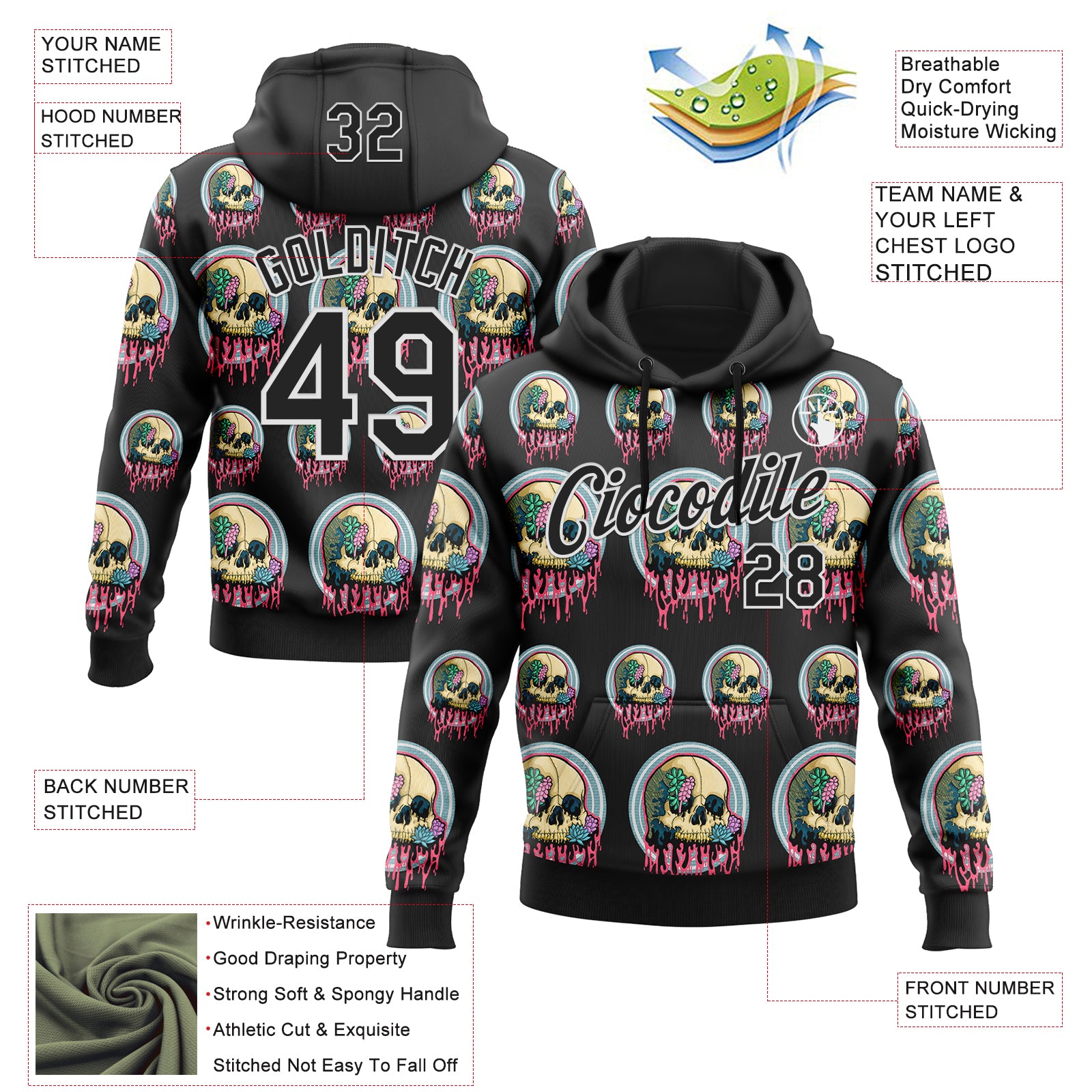 Custom Stitched Black Black-White 3D Illymakes Drippy Succulent Skull Sports Pullover Sweatshirt Hoodie