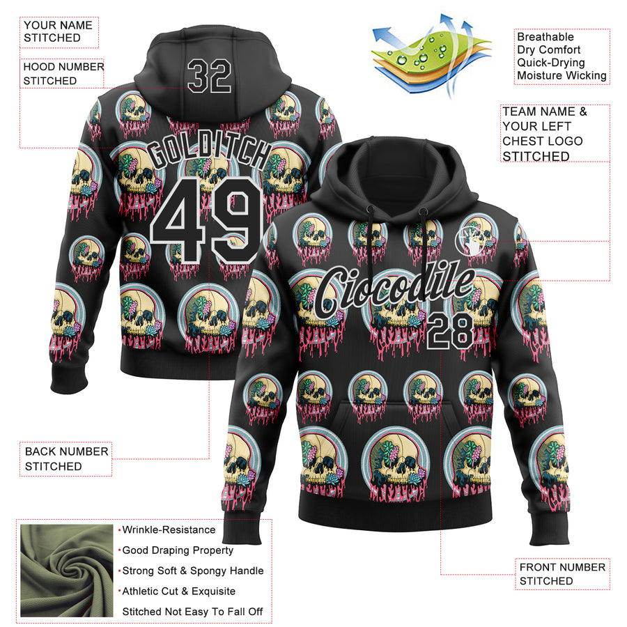 Custom Stitched Black Black-White 3D Illymakes Drippy Succulent Skull Sports Pullover Sweatshirt Hoodie