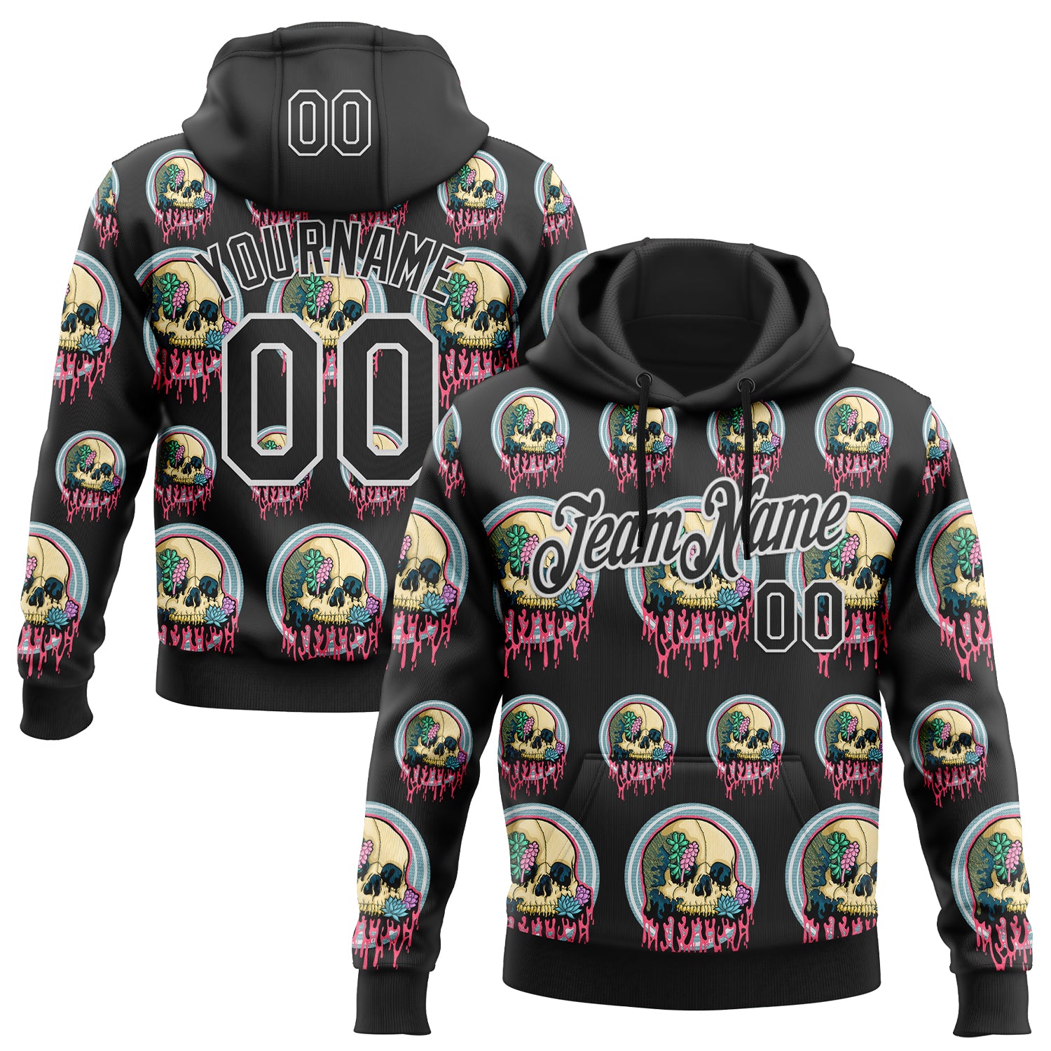 Custom Stitched Black Black-White 3D Illymakes Drippy Succulent Skull Sports Pullover Sweatshirt Hoodie