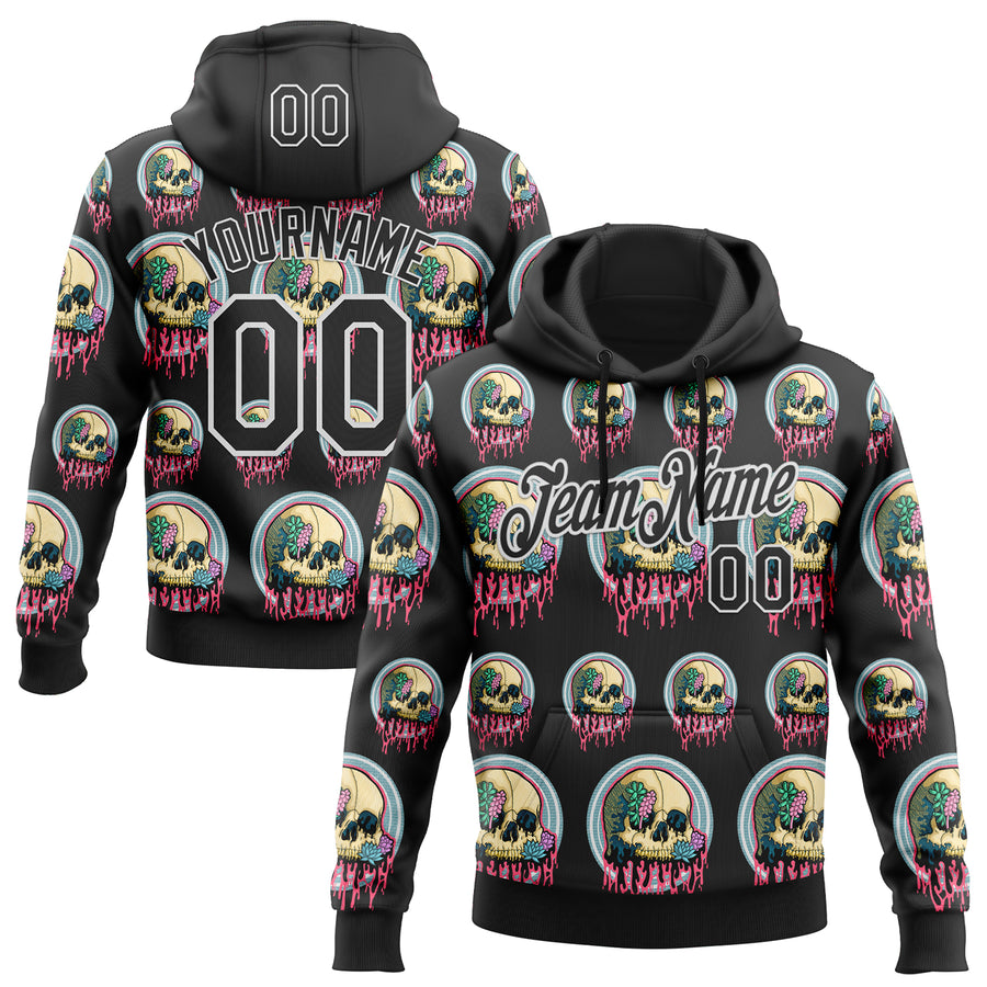 Custom Stitched Black Black-White 3D Illymakes Drippy Succulent Skull Sports Pullover Sweatshirt Hoodie