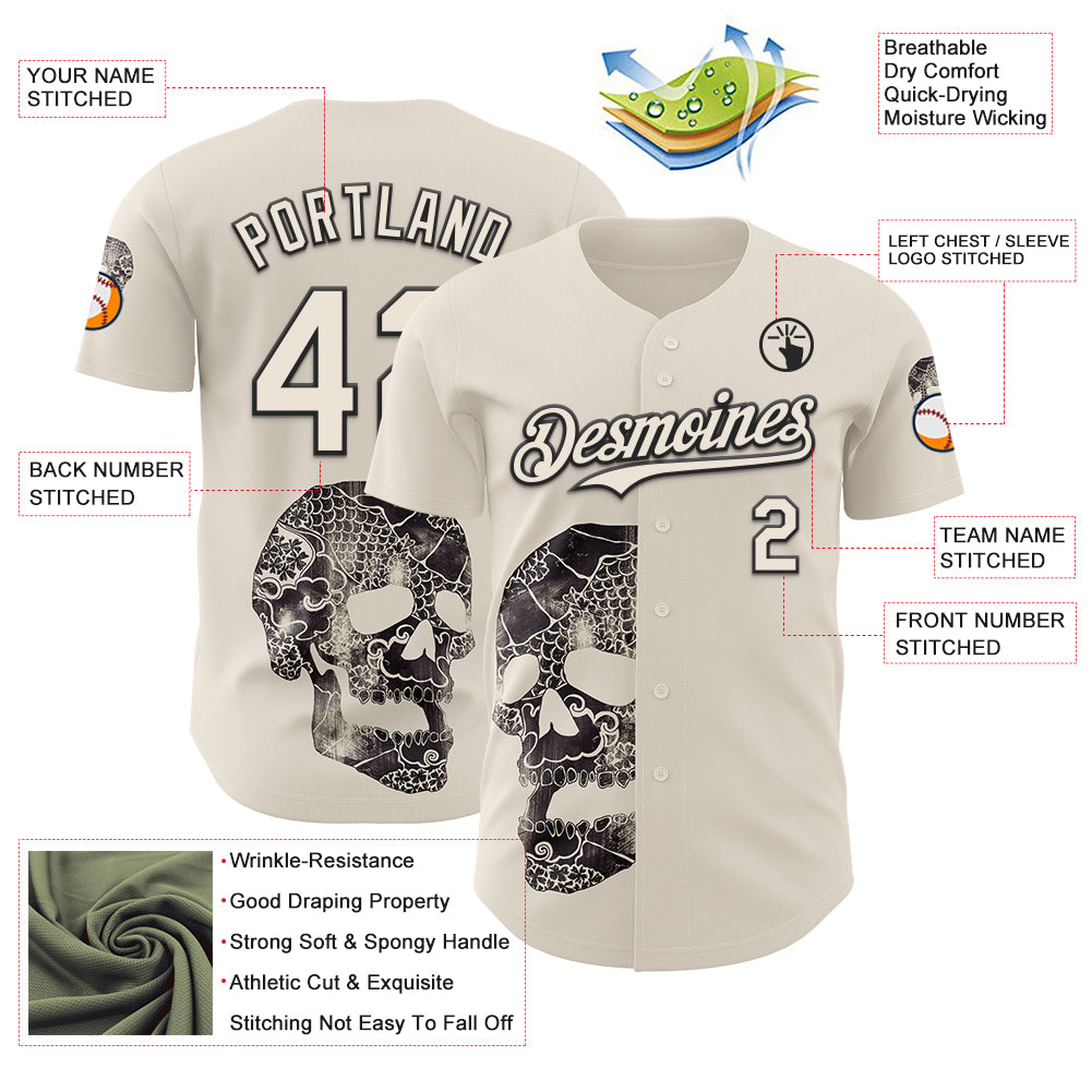 Custom Cream Cream-Black 3D Tobe Fonseca Ancestors Skull Authentic Baseball Jersey