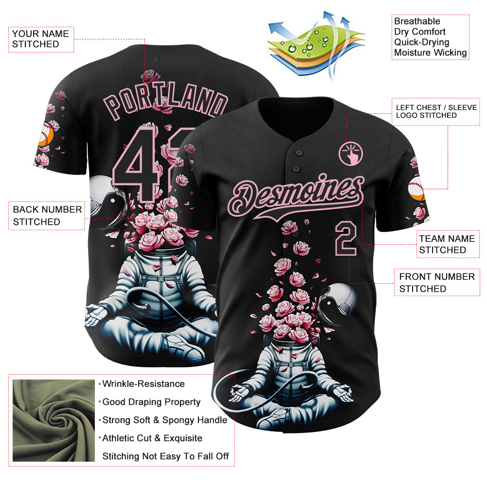 Custom Black Black-Light Pink 3D Tobe Fonseca Astro Meditation Roses Authentic Baseball Jersey
