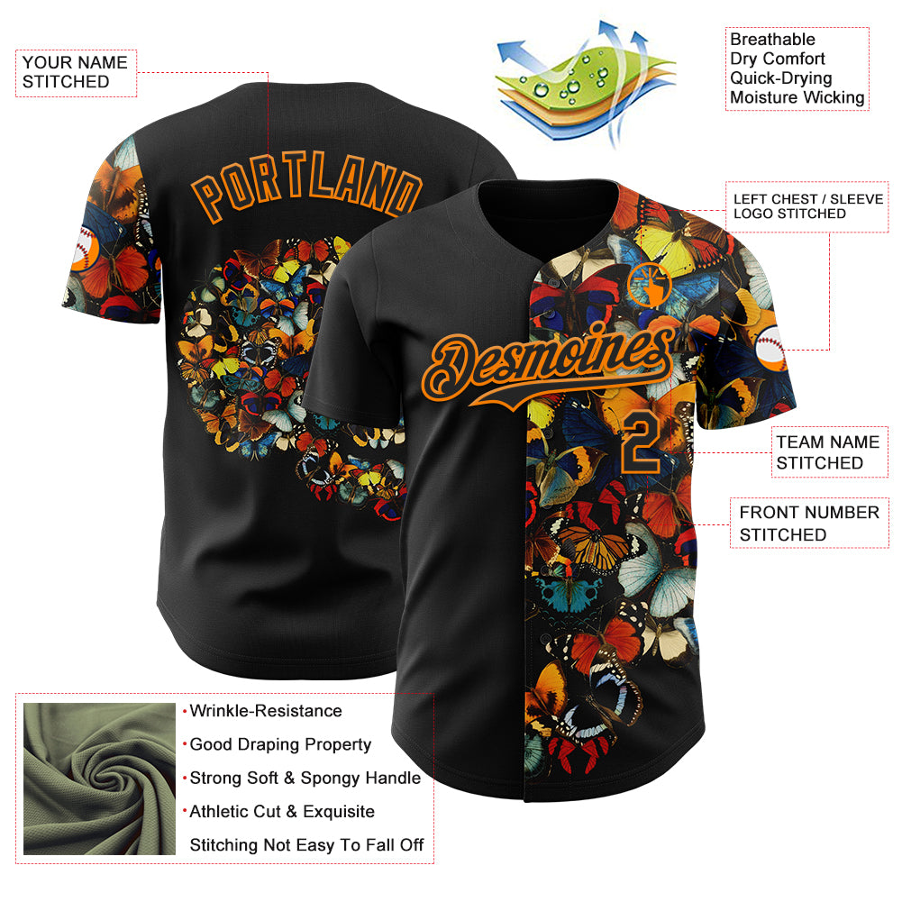 Custom Black Black-Bay Orange 3D Tobe Fonseca Butterfly Skull Collage Authentic Baseball Jersey