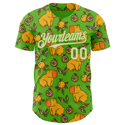 Custom Aurora Green Cream-Aurora Green 3D Tobe Fonseca Capybara With Oranges Leaves Green Authentic Baseball Jersey