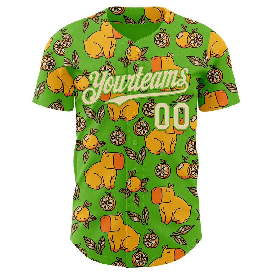 Custom Aurora Green Cream-Aurora Green 3D Tobe Fonseca Capybara With Oranges Leaves Green Authentic Baseball Jersey
