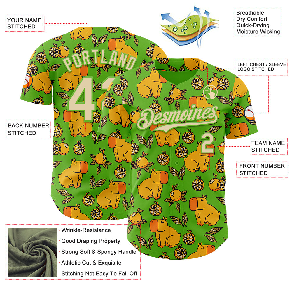 Custom Aurora Green Cream-Aurora Green 3D Tobe Fonseca Capybara With Oranges Leaves Green Authentic Baseball Jersey