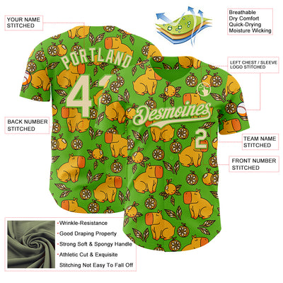 Custom Aurora Green Cream-Aurora Green 3D Tobe Fonseca Capybara With Oranges Leaves Green Authentic Baseball Jersey
