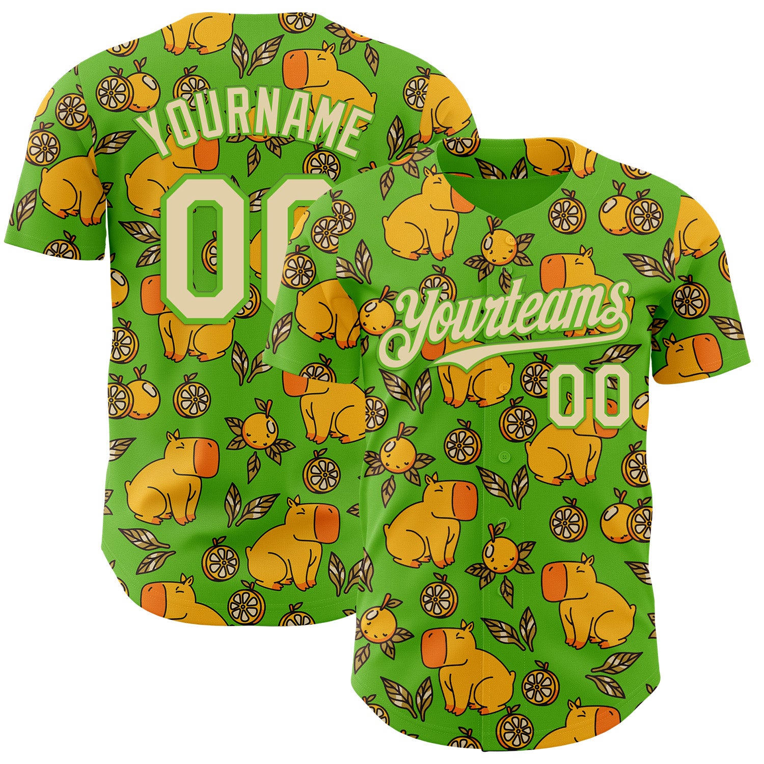 Custom Aurora Green Cream-Aurora Green 3D Tobe Fonseca Capybara With Oranges Leaves Green Authentic Baseball Jersey