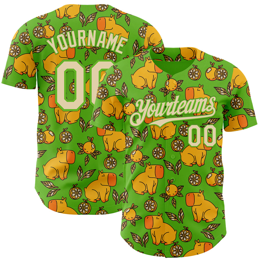 Custom Aurora Green Cream-Aurora Green 3D Tobe Fonseca Capybara With Oranges Leaves Green Authentic Baseball Jersey