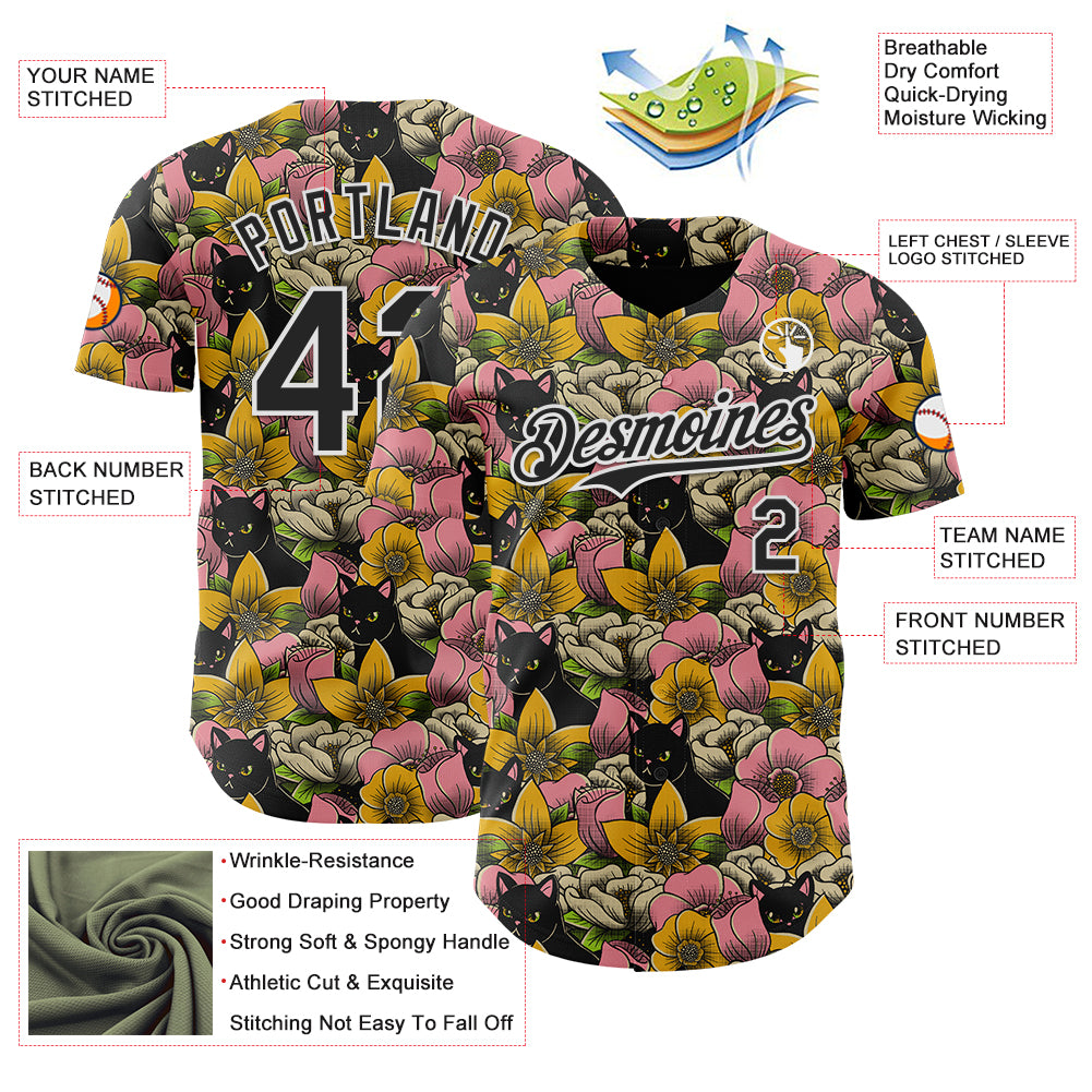Custom Pink Black-White 3D Tobe Fonseca Cats in a Field of Flowers Authentic Baseball Jersey