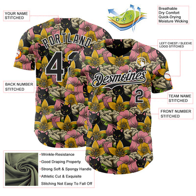 Custom Pink Black-White 3D Tobe Fonseca Cats in a Field of Flowers Authentic Baseball Jersey