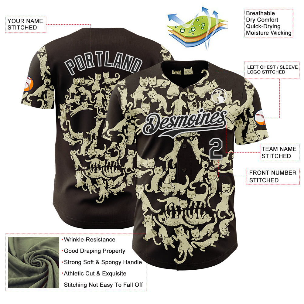Custom Cream Black-White 3D Tobe Fonseca Cat Skull Authentic Baseball Jersey