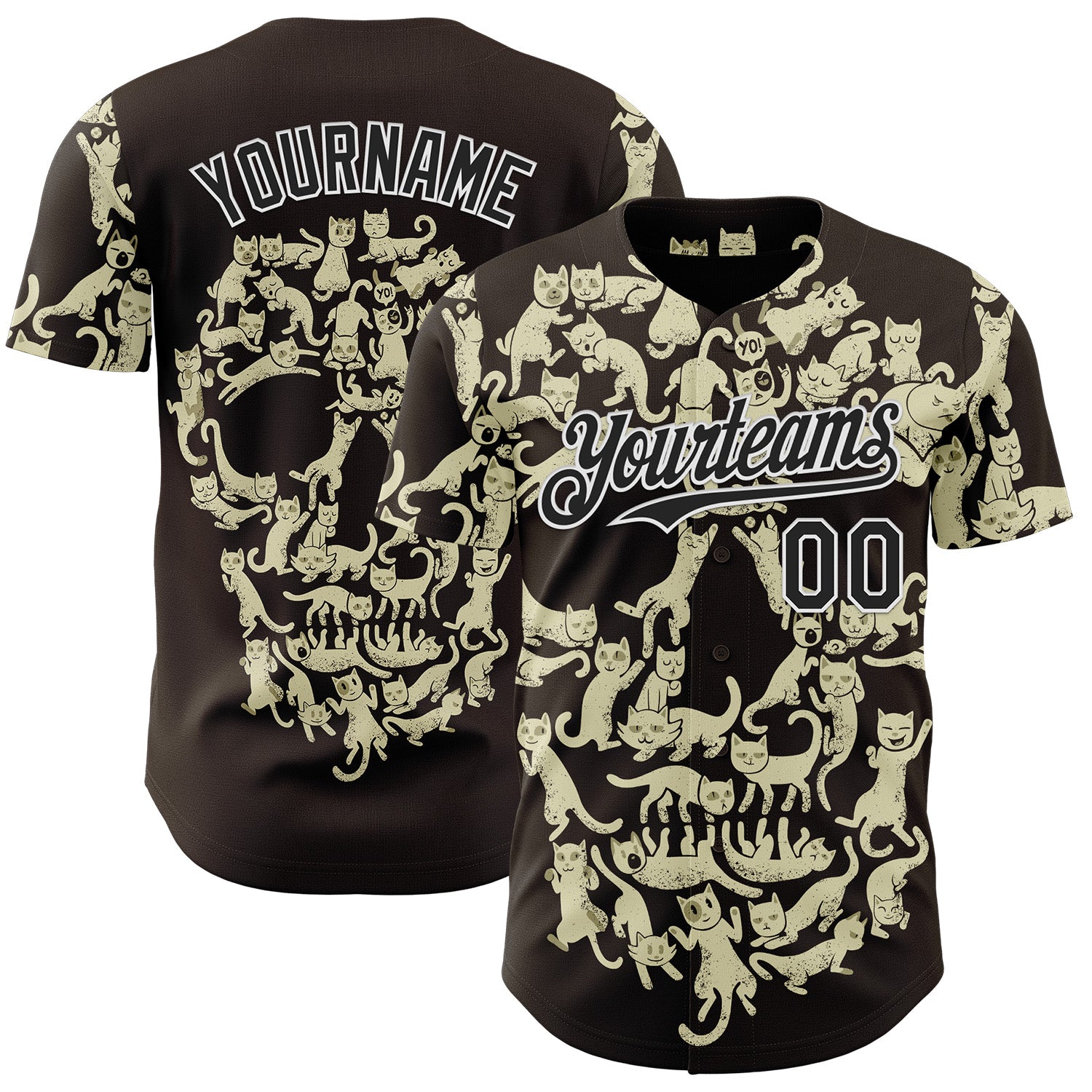 Custom Cream Black-White 3D Tobe Fonseca Cat Skull Authentic Baseball Jersey