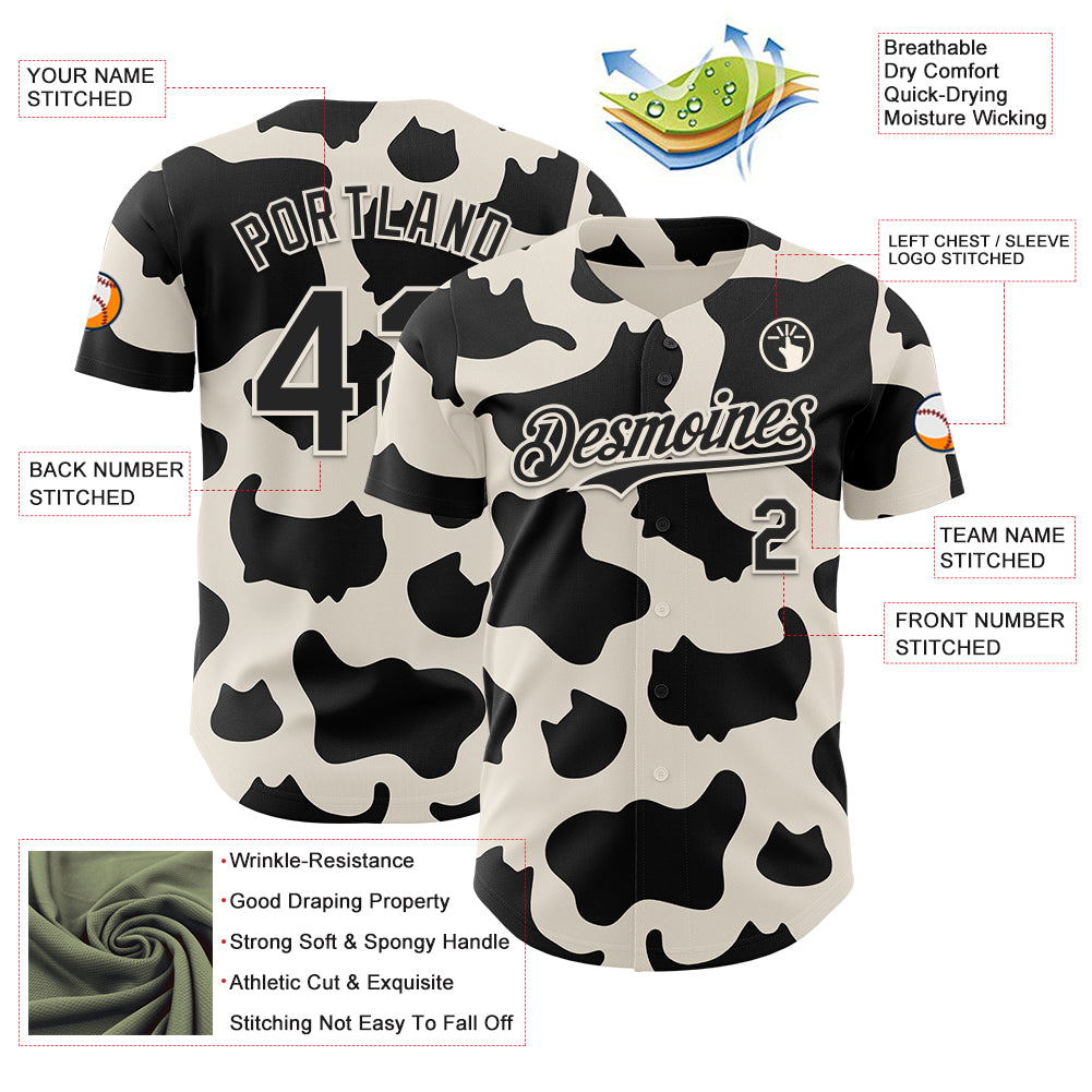 Custom Black Black-Cream 3D Tobe Fonseca Cow Pattern Cat Authentic Baseball Jersey