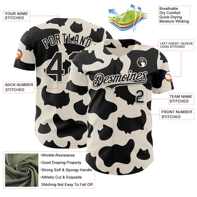 Custom Black Black-Cream 3D Tobe Fonseca Cow Pattern Cat Authentic Baseball Jersey