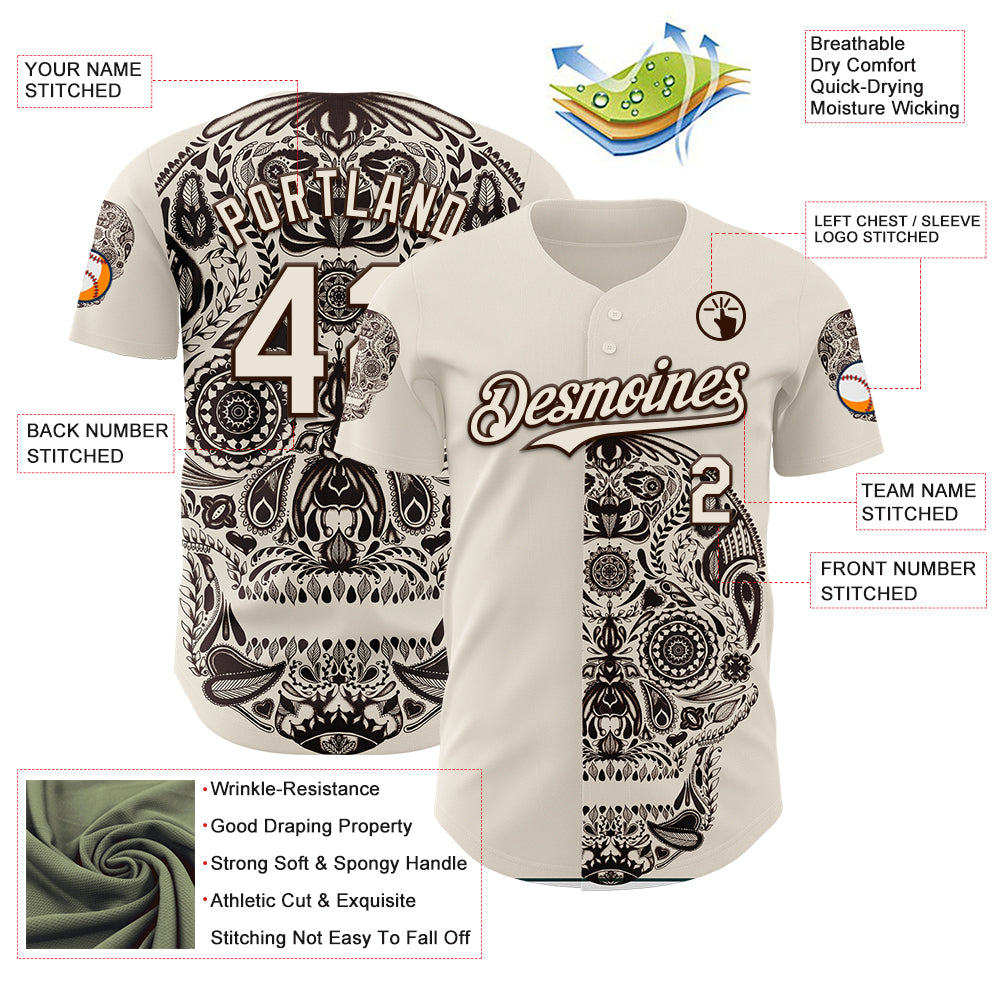 Custom Cream Cream-Brown 3D Tobe Fonseca Dia De Los Muertos Skull Authentic Baseball Jersey