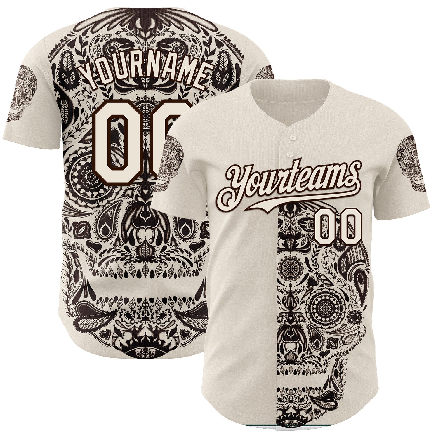 Custom Cream Cream-Brown 3D Tobe Fonseca Dia De Los Muertos Skull Authentic Baseball Jersey