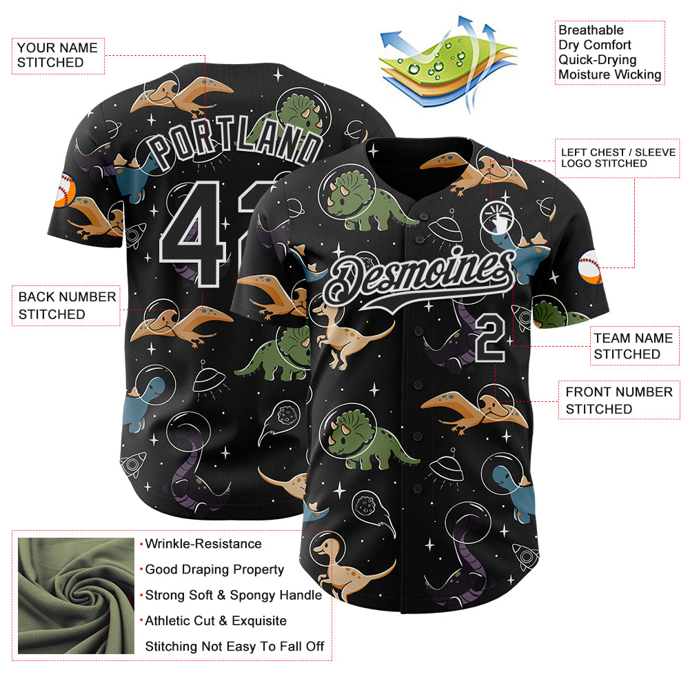 Custom Black Black-White 3D Tobe Fonseca Dinostellar Space Dinosaurs Authentic Baseball Jersey