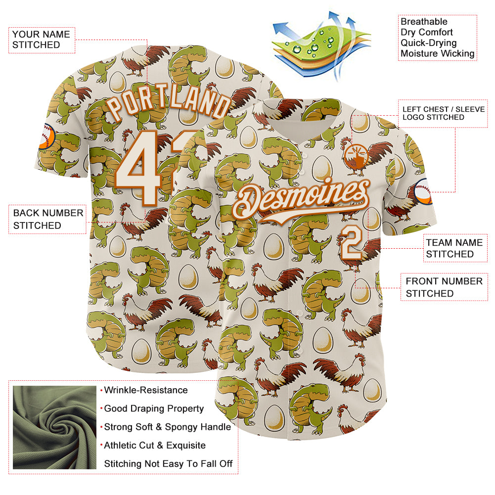 Custom Cream Cream-Texas Orange 3D Tobe Fonseca Egg Chicken and Dinossaur Authentic Baseball Jersey