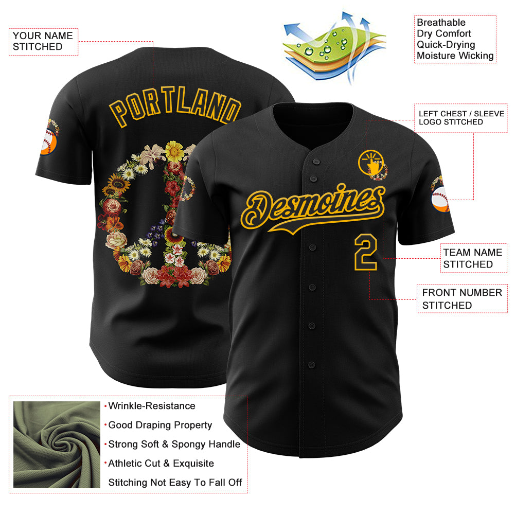 Custom Black Black-Yellow 3D Tobe Fonseca Flower Power Peace Sign Authentic Baseball Jersey