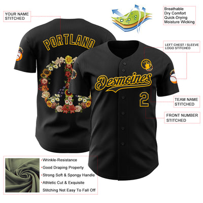 Custom Black Black-Yellow 3D Tobe Fonseca Flower Power Peace Sign Authentic Baseball Jersey