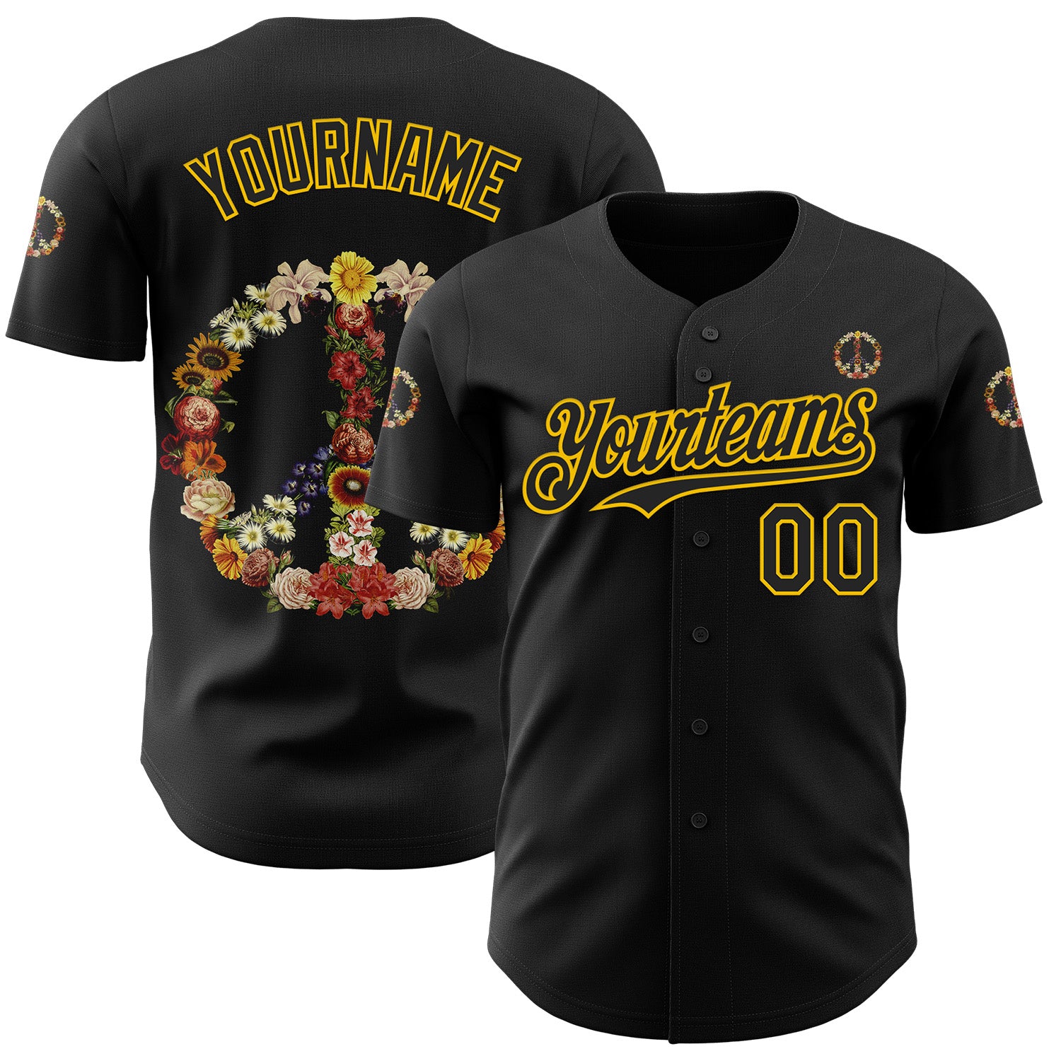 Custom Black Black-Yellow 3D Tobe Fonseca Flower Power Peace Sign Authentic Baseball Jersey