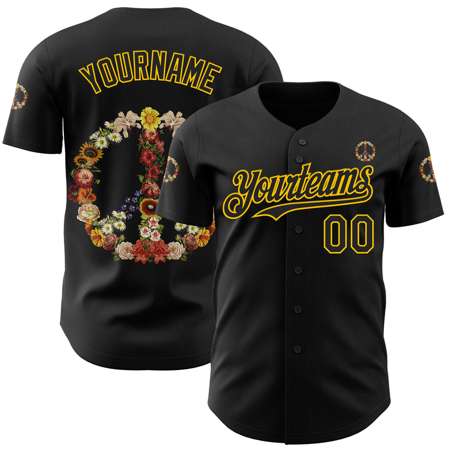 Custom Black Black-Yellow 3D Tobe Fonseca Flower Power Peace Sign Authentic Baseball Jersey