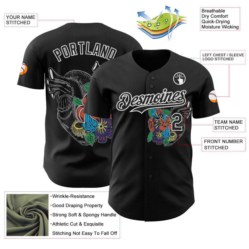 Custom Black Black-White 3D Tobe Fonseca Flower Spring Heart Vintage Comics Authentic Baseball Jersey