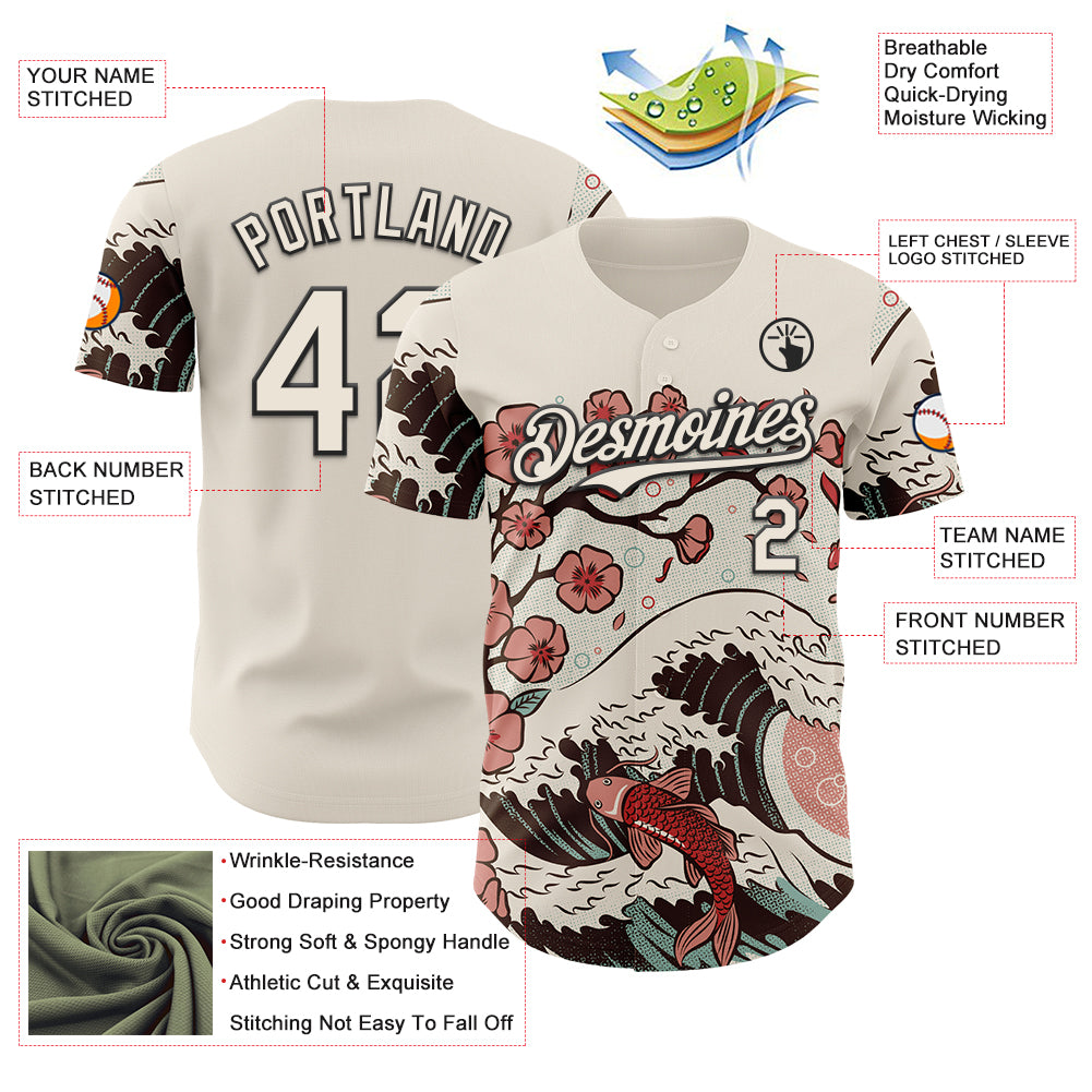 Custom Cream Cream-Black 3D Tobe Fonseca Japanese Anime Koi Flower Authentic Baseball Jersey