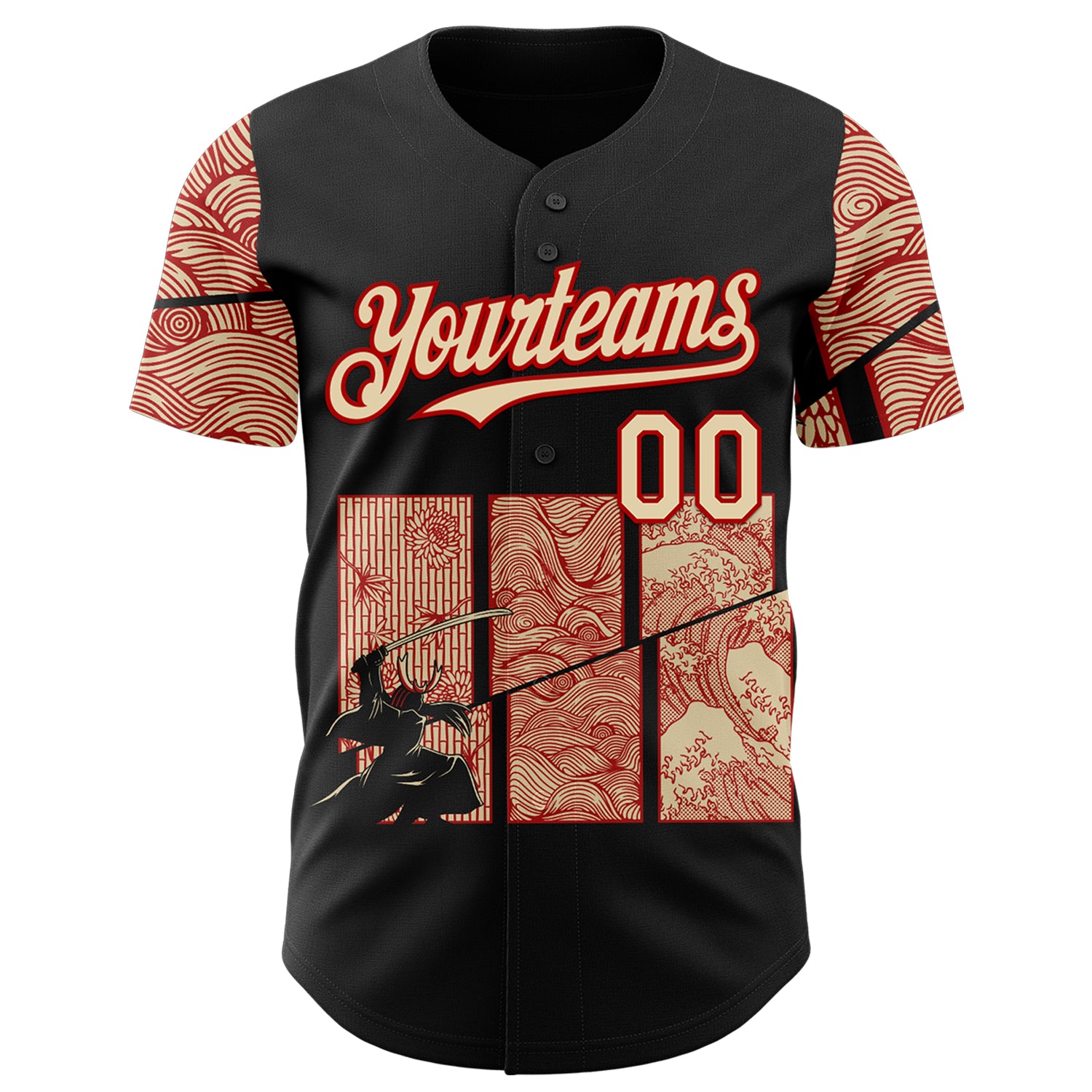 Custom Black Cream-Red 3D Tobe Fonseca Japanese Samurai Kanagawa Wave Authentic Baseball Jersey