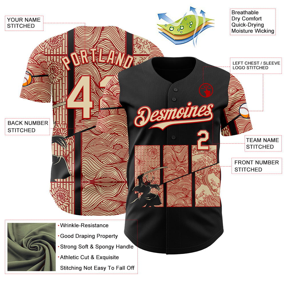 Custom Black Cream-Red 3D Tobe Fonseca Japanese Samurai Kanagawa Wave Authentic Baseball Jersey