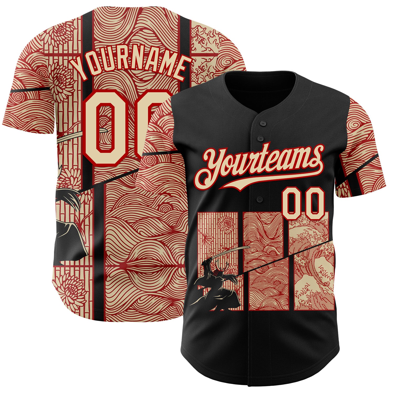 Custom Black Cream-Red 3D Tobe Fonseca Japanese Samurai Kanagawa Wave Authentic Baseball Jersey