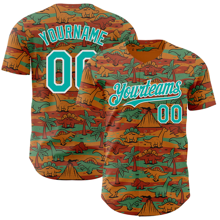 Custom Aqua White 3D Tobe Fonseca Jurassic Vintage T-Rex Dinosaur Authentic Baseball Jersey