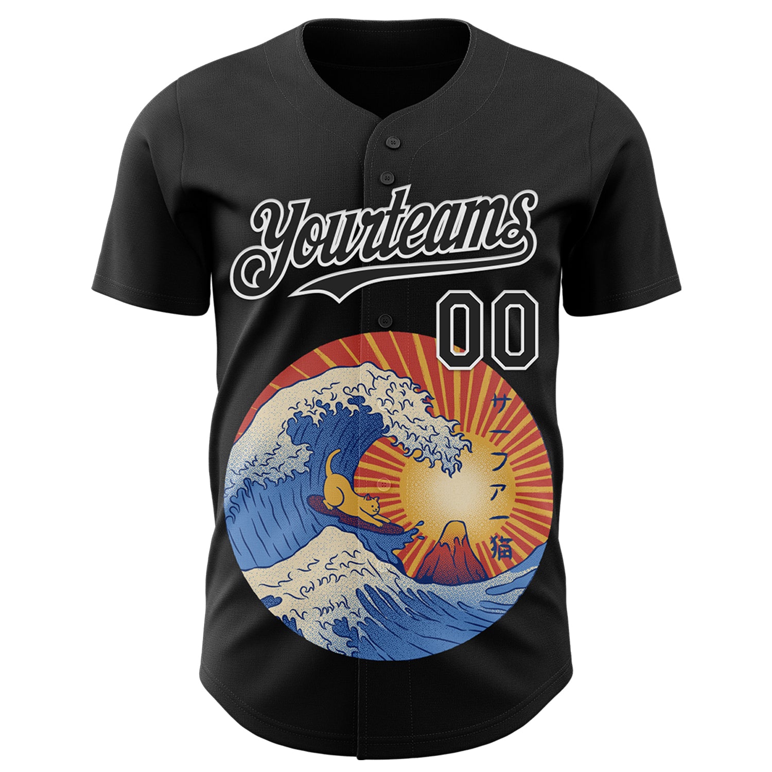 Custom Black Black-White 3D Tobe Fonseca Kanagawa Wave Surfing Cat Authentic Baseball Jersey